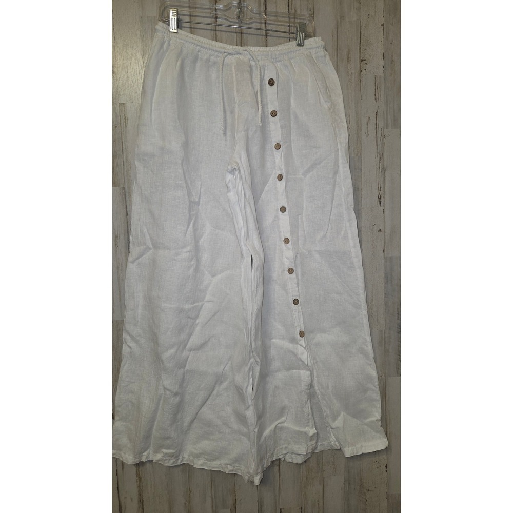 Cherishh Italy S/M Wide Leg 100% Linen Pants Button Smocked Pull-on sheer